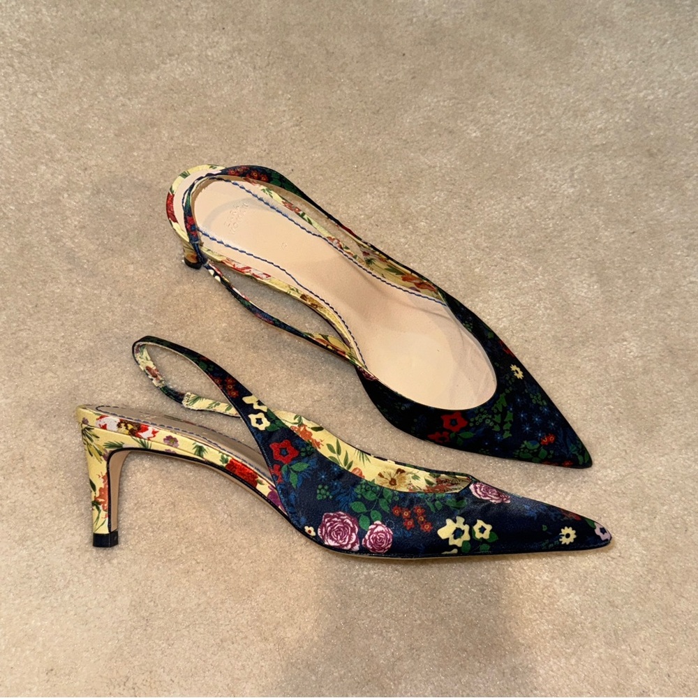 Zara floral satin slingback heels